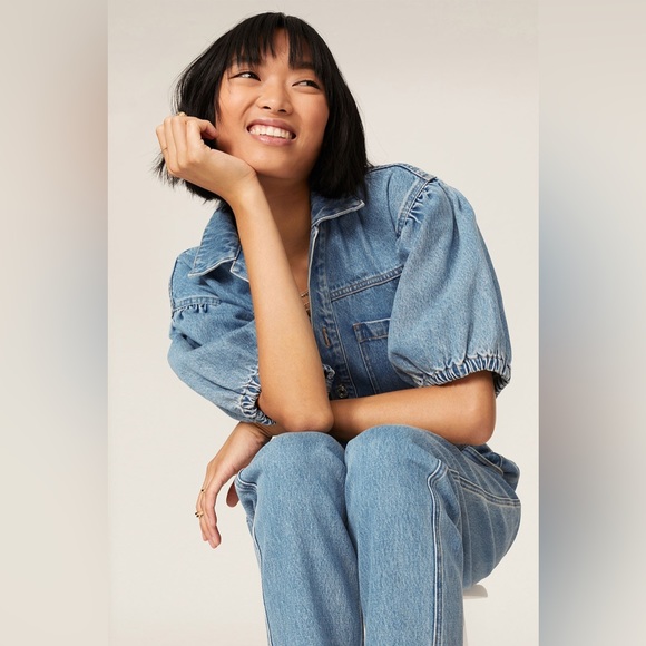 NWT Scotch & Soda Balloon Sleeve Straight Leg Denim Jumpsuit Washed Indigo sz S - Picture 15 of 16